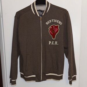 Play Cloths University Fleece Varsity Style Jacket, Mens XL, Brown-Cream-Red